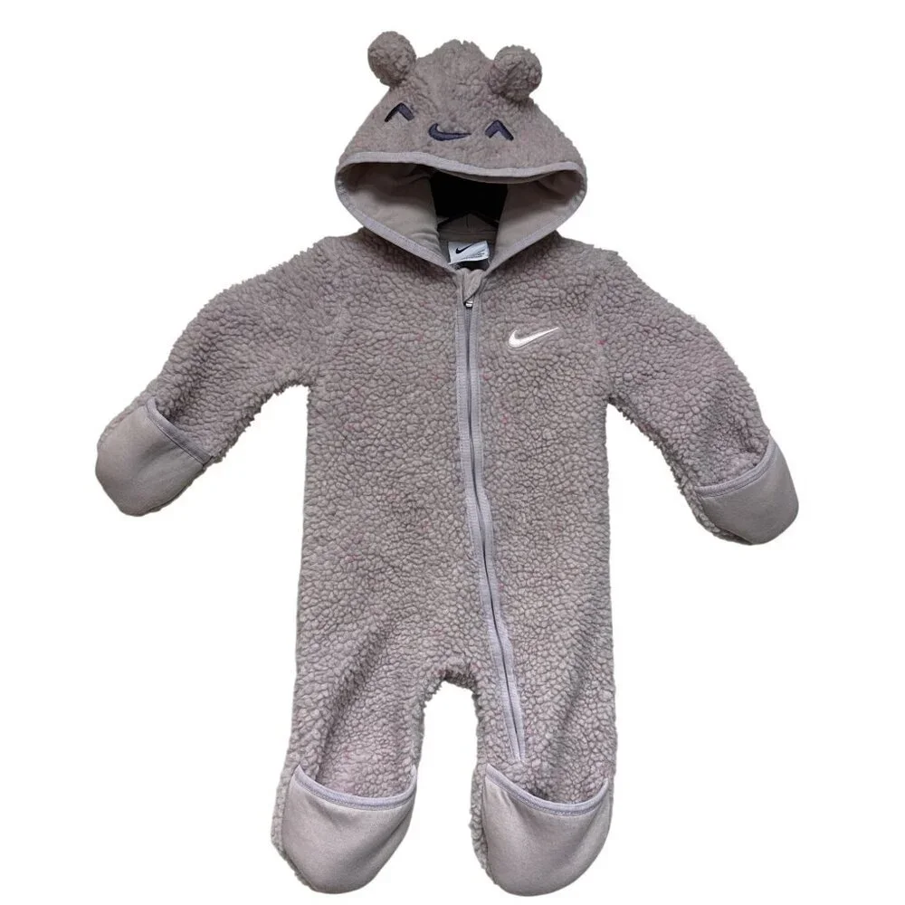 Nike Infant Girls Bunting Pram Snowsuit Sherpa Hooded Ears Full Zip Size 6 Month
